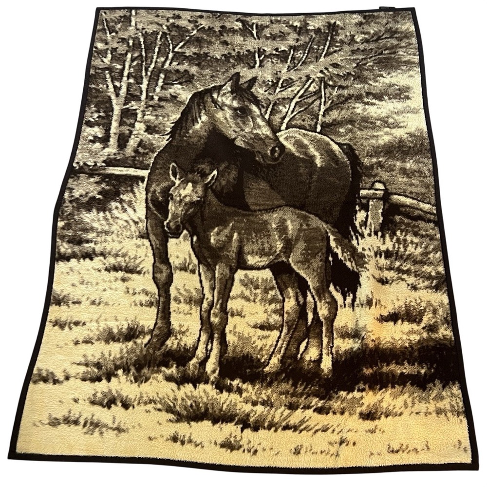 Vintage IBENA Relax Horse Foal Brown‎ Ivory Western Germany Blanket 75x56 Rare